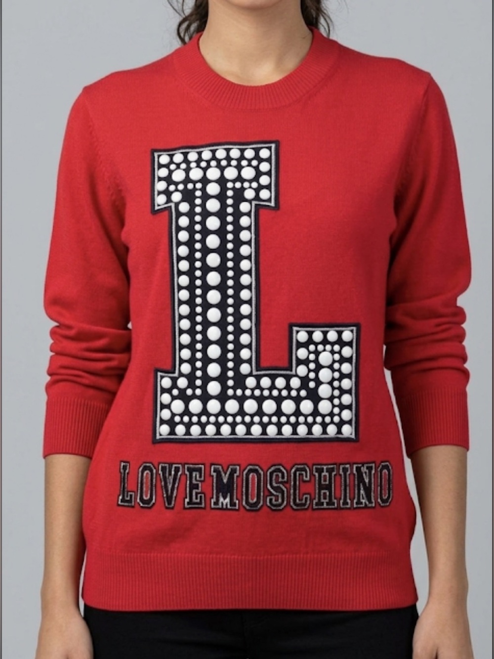 Love Moschino Red Crewneck White Beaded Sweater